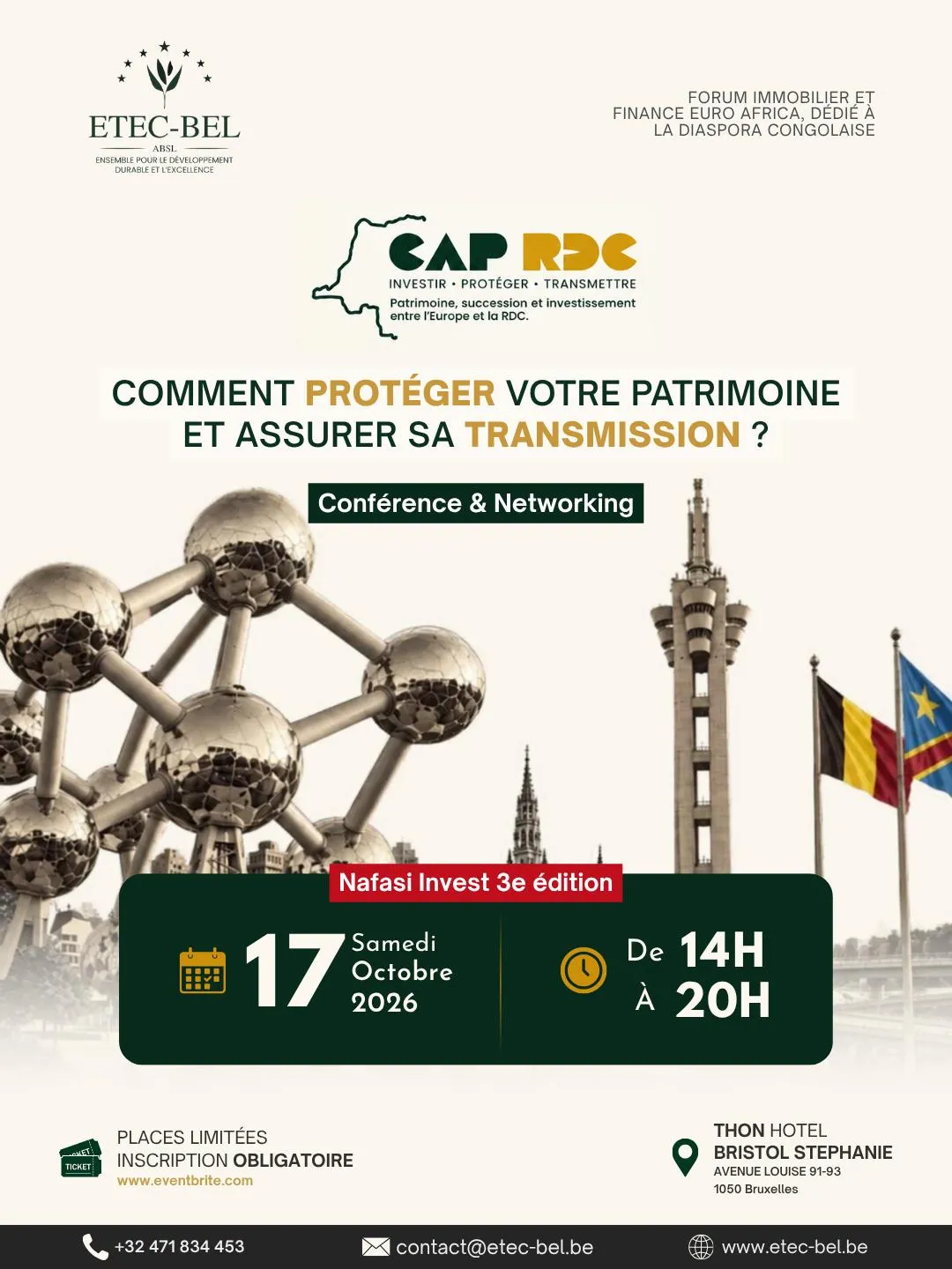 Affiche de la conférence CAP RDC « Comment protéger votre patrimoine et assurer sa transmission ? », Nafasi Invest 3e édition, samedi 17 octobre 2026 de 14h à 20h au Thon Hotel Bristol Stephanie, Bruxelles.